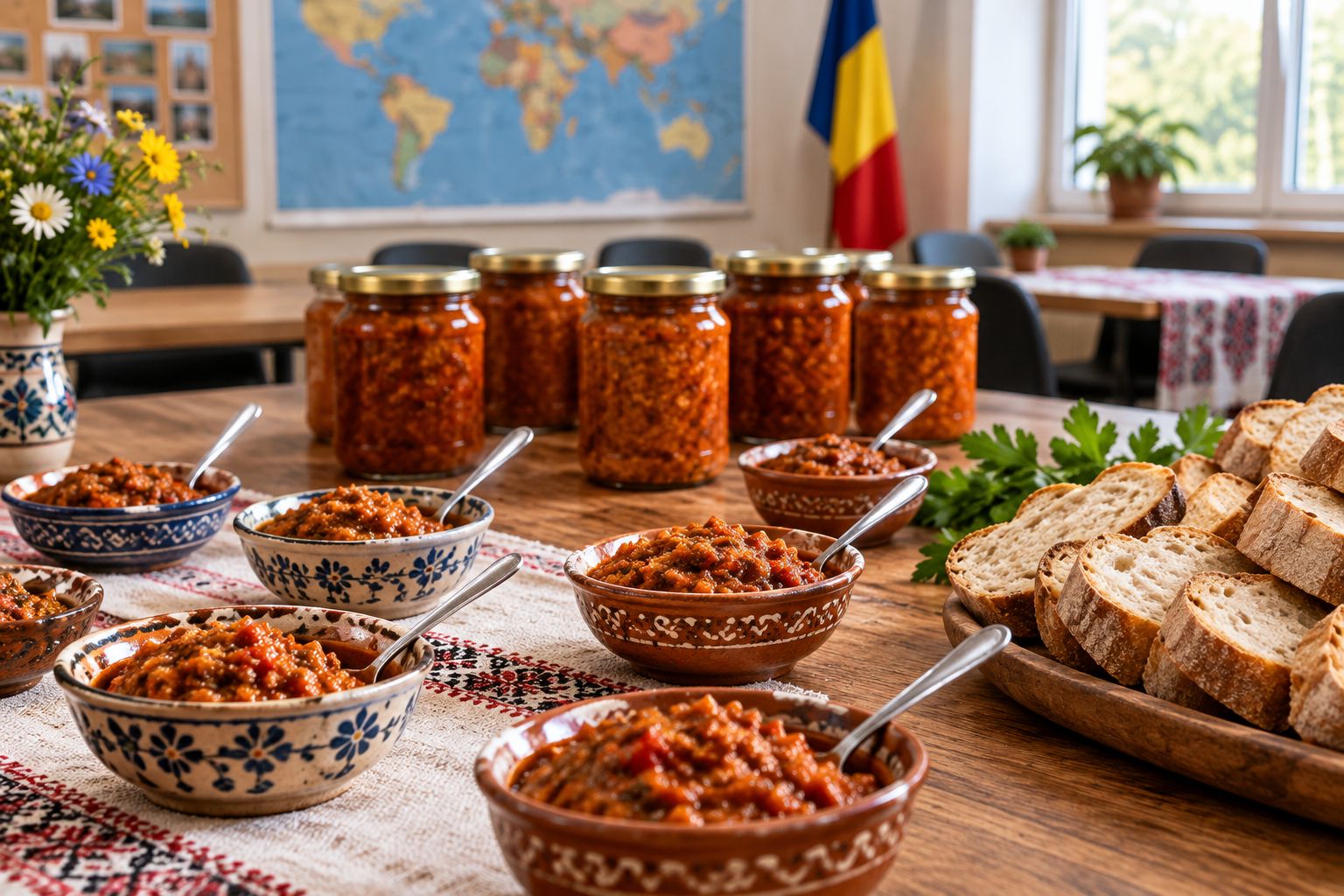 Masă de degustare cu zacuscă în boluri separate și ustensile proprii pentru fiecare preparat.