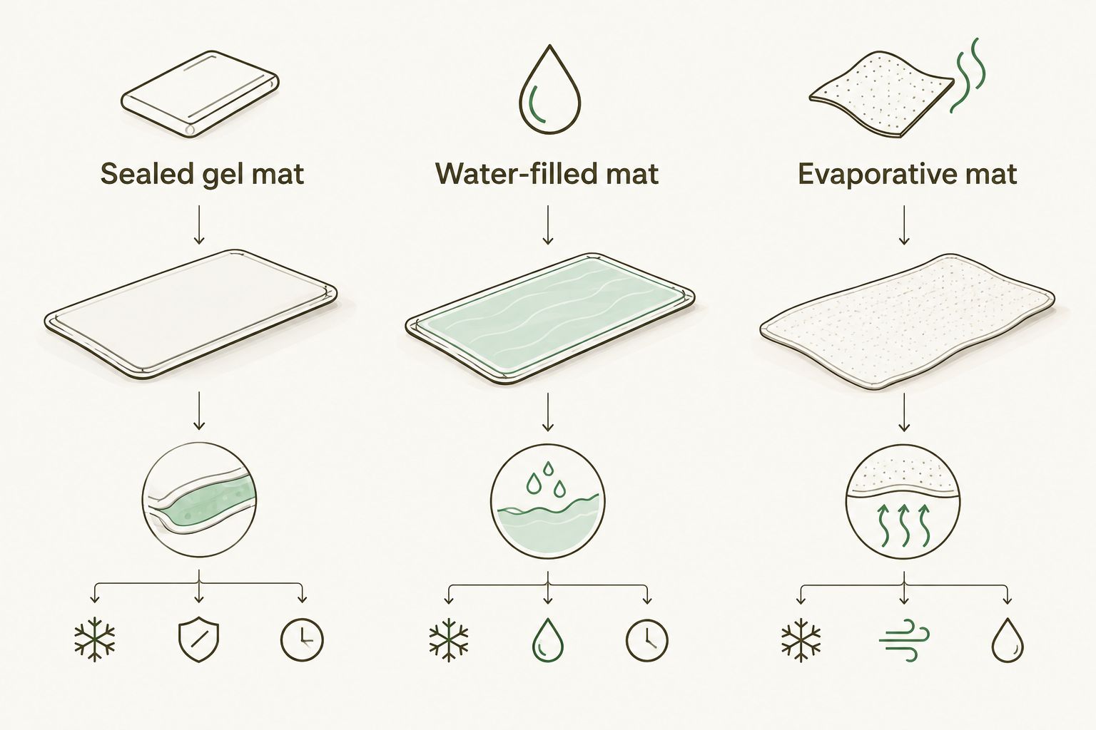 Three cooling mat types: sealed gel, water-filled and evaporative