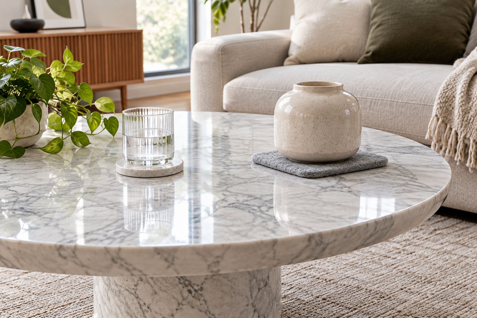 Marble coffee table with a glass on a coaster and a ceramic vessel on a protective pad