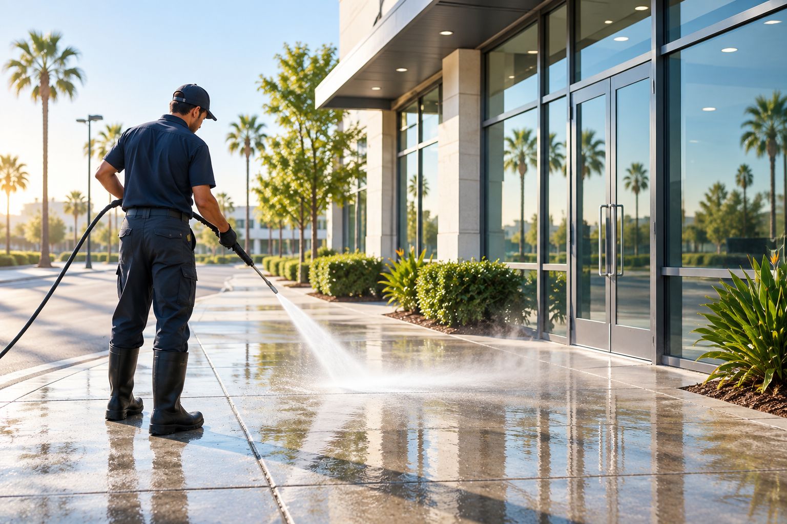 Storefront sidewalk being pressure washed in early morning light