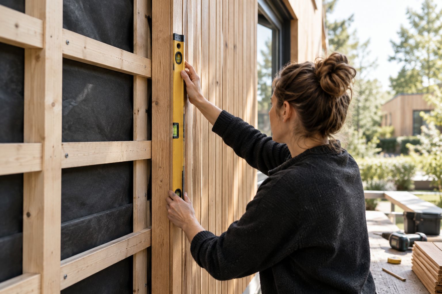 Kontrolle der Ausrichtung an einer teilweise montierten Holzfassade mit sichtbarer Unterkonstruktion