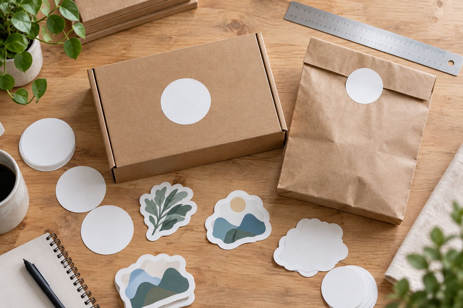 Paper sticker mockups tested on a mailer and bag before choosing the printed size
