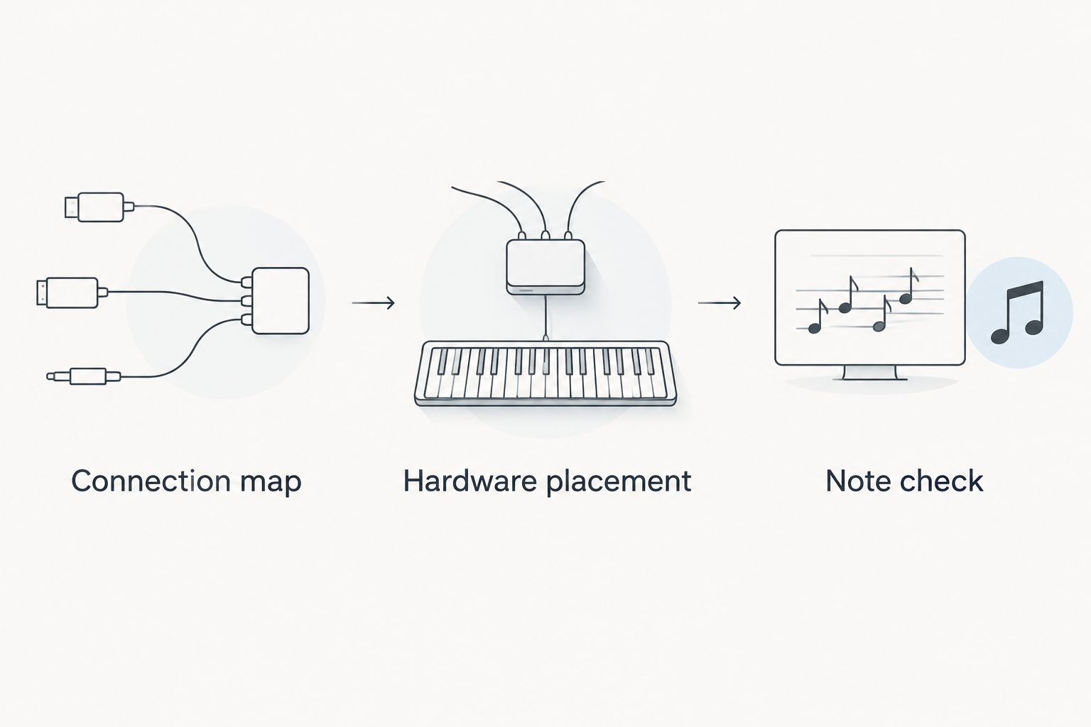 Three setup stages: connection map, hardware placement, and note check