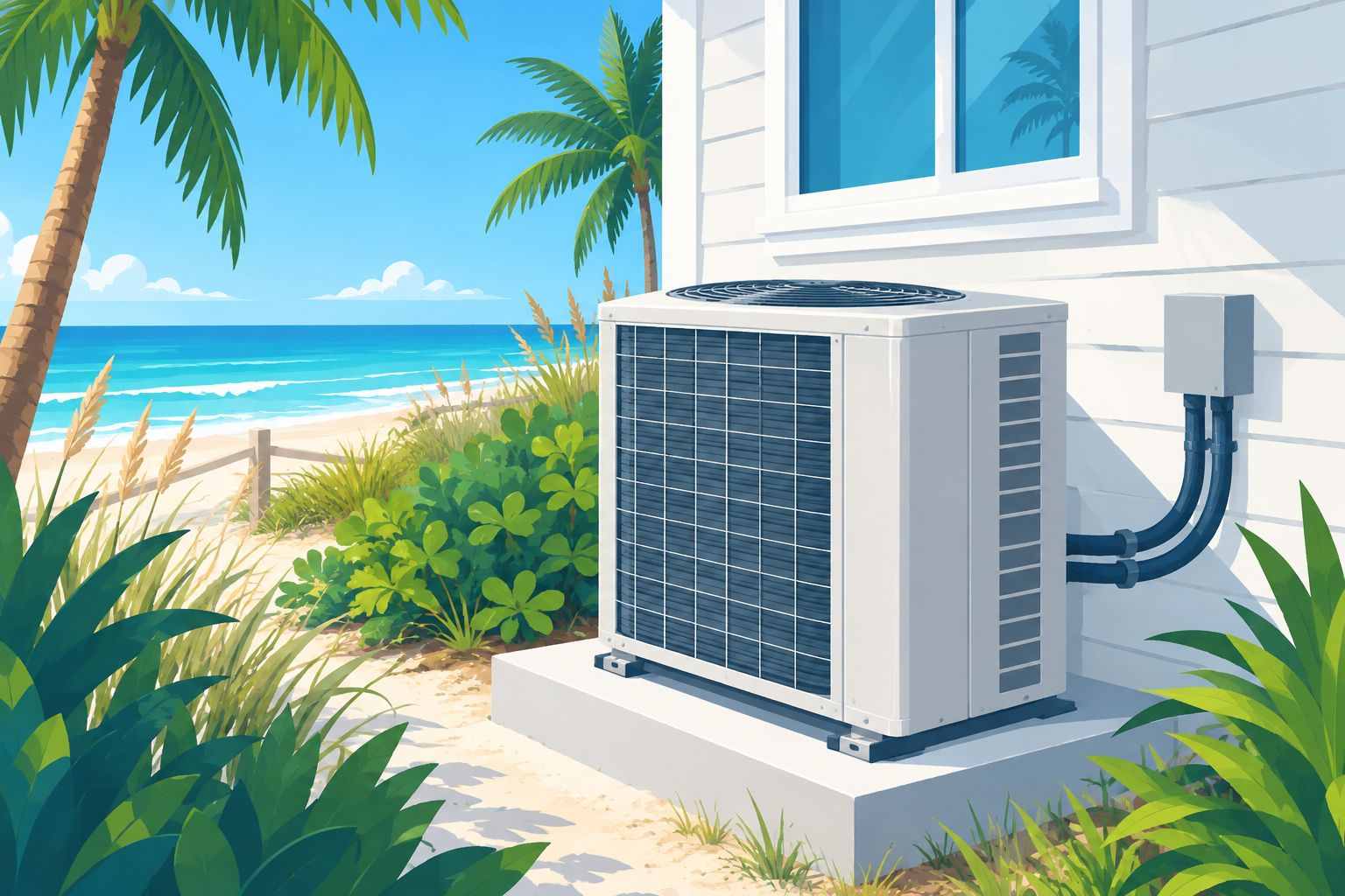 Outdoor AC condenser unit installed near a beachfront Florida property