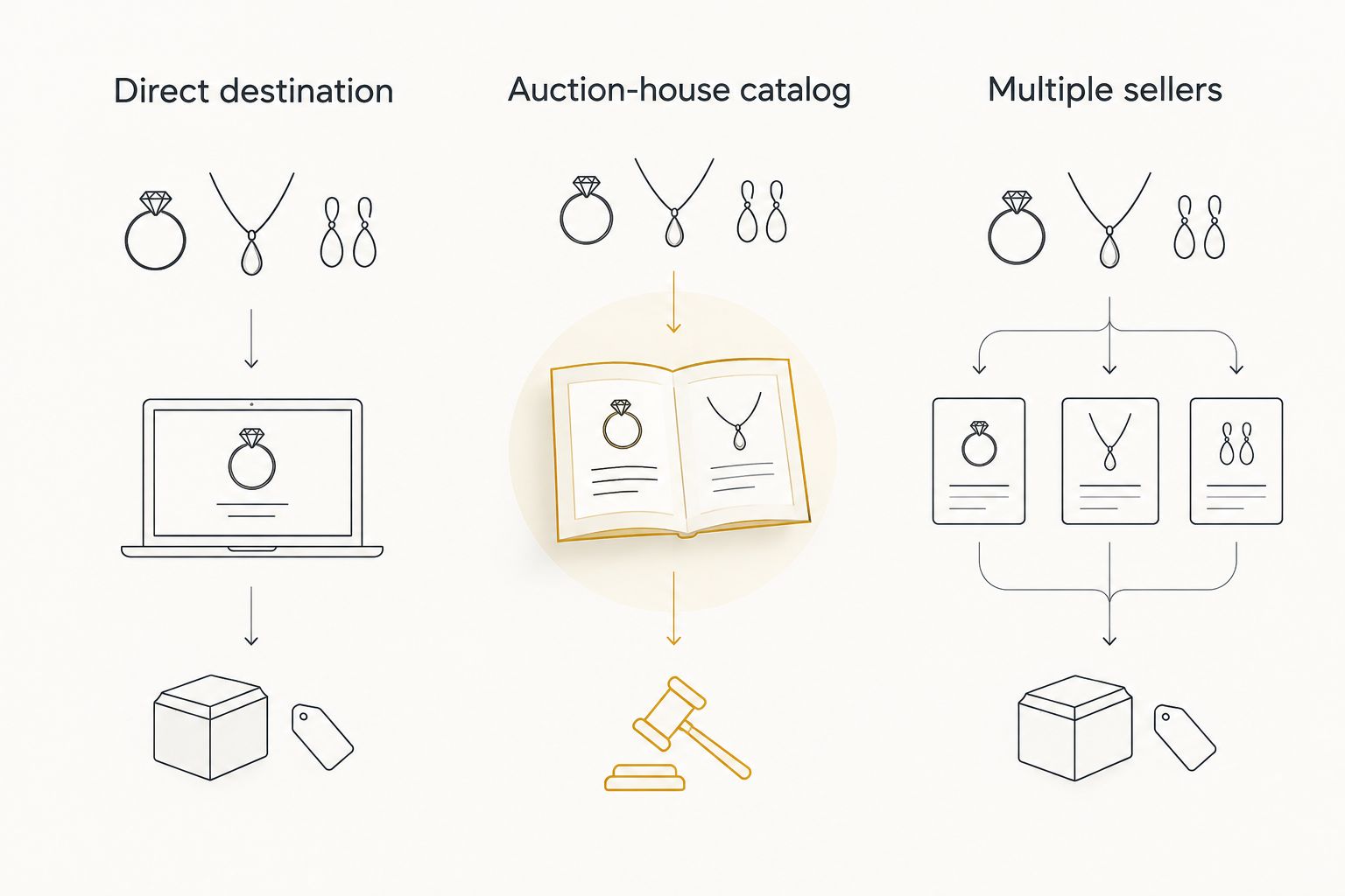 Three ways to search jewelry auctions: a direct destination, an auction-house catalog, or multiple sellers