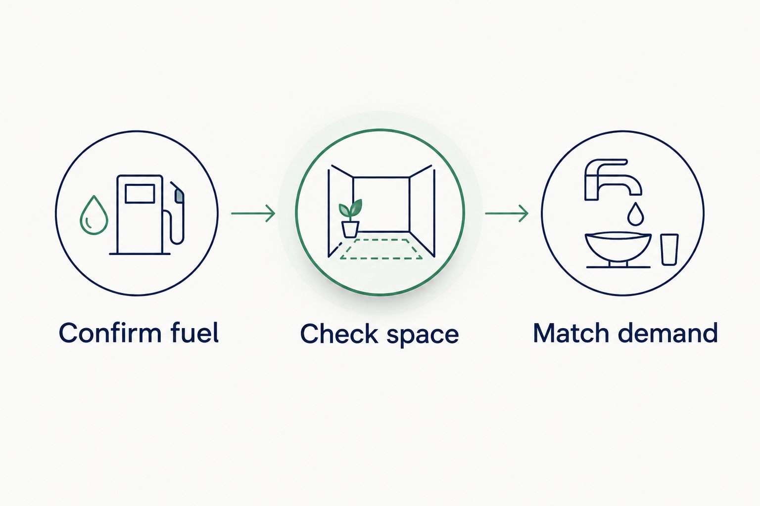 Three steps for choosing a water heater: confirm fuel, check space, and match demand.
