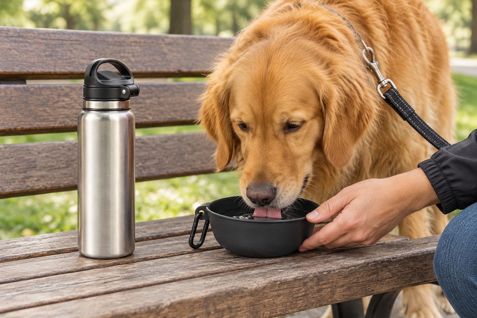 Dog drinking from a separate travel bowl beside an unbranded metal water bottle