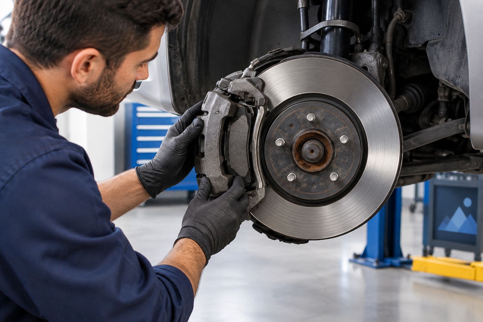 Disc brake assembly with the wheel removed, showing the rotor, caliper, and brake pad area