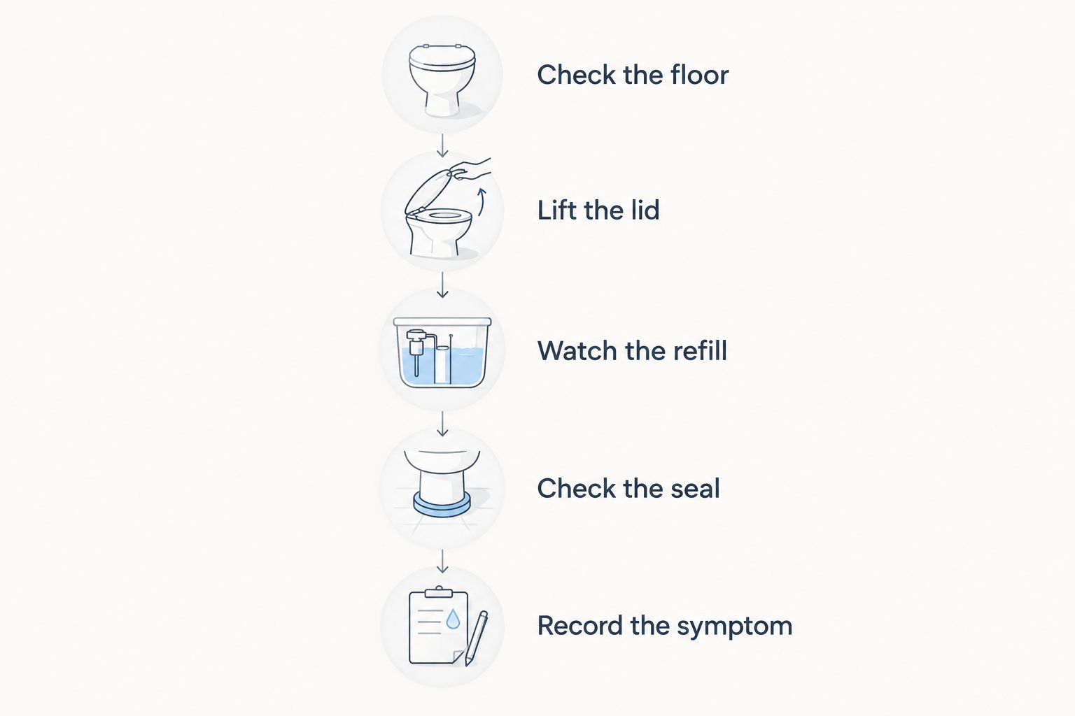 Inspection sequence from checking the floor to recording a running toilet's symptoms