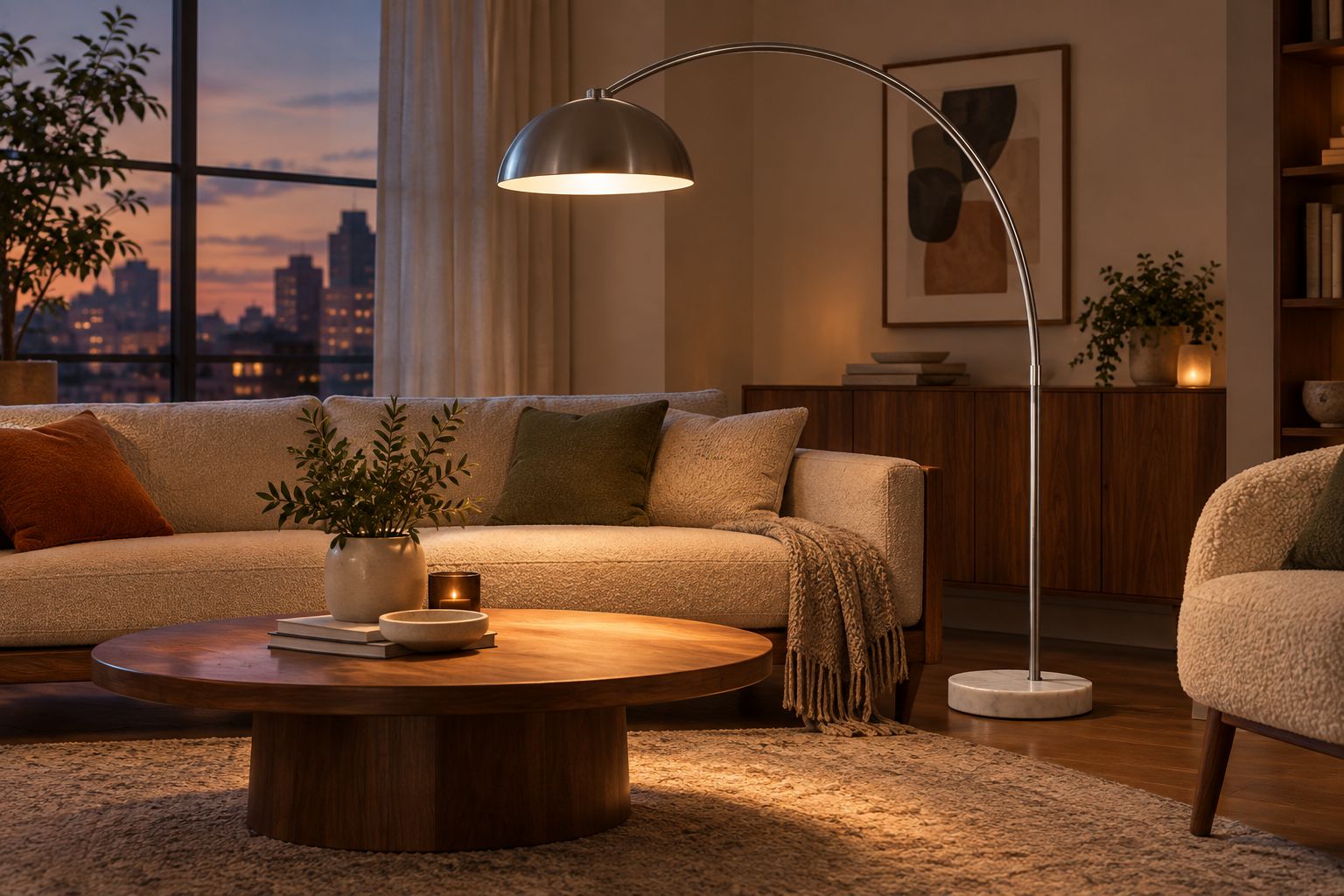 Arc floor lamp arching from behind a sofa over a coffee table at dusk