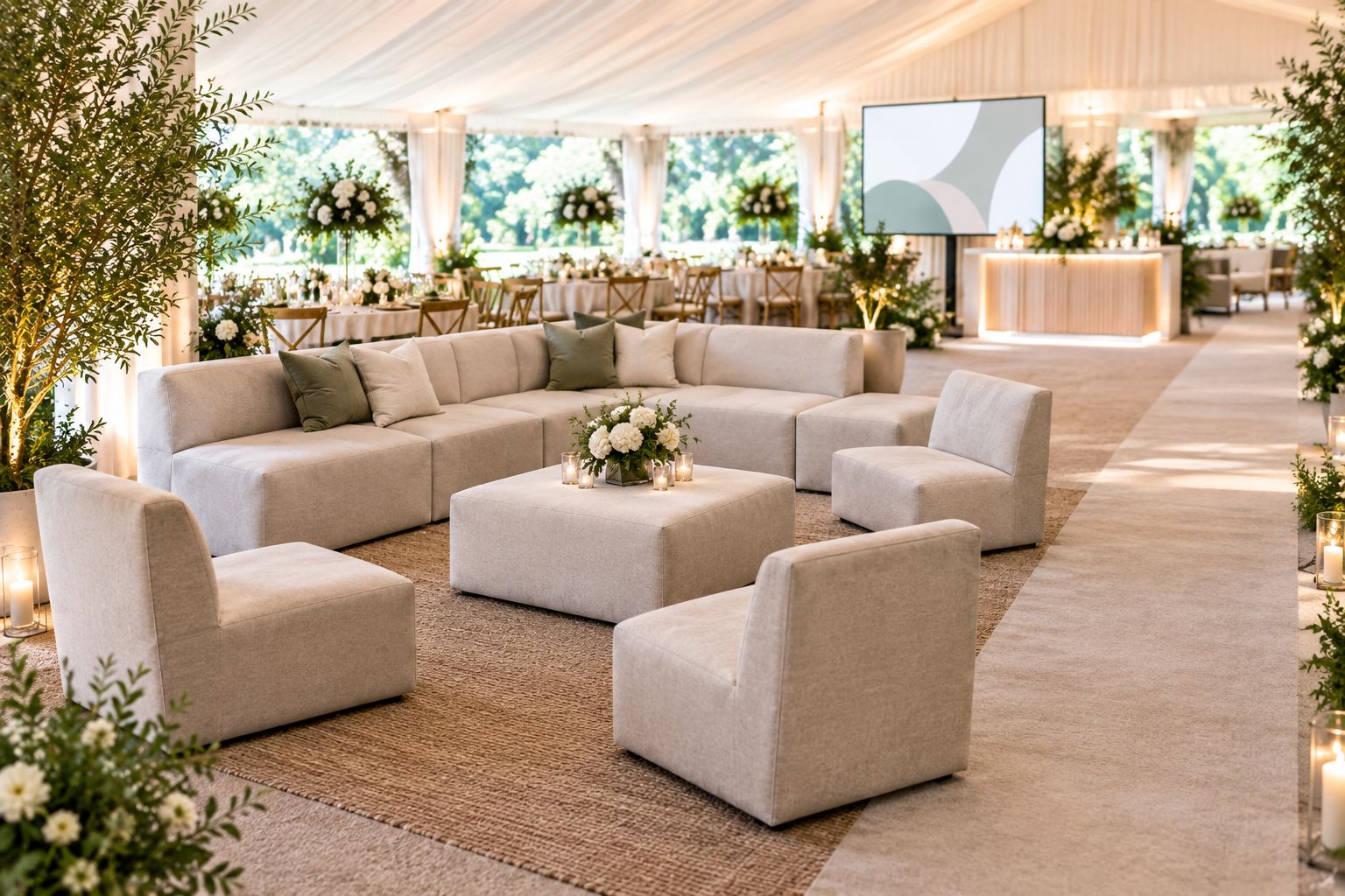 Wedding lounge with modular seating, upright chairs, and an open approach