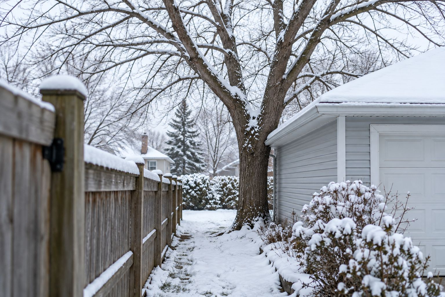 Winter backyard showing a narrow gate, garage, fence, and bare tree along a possible access route