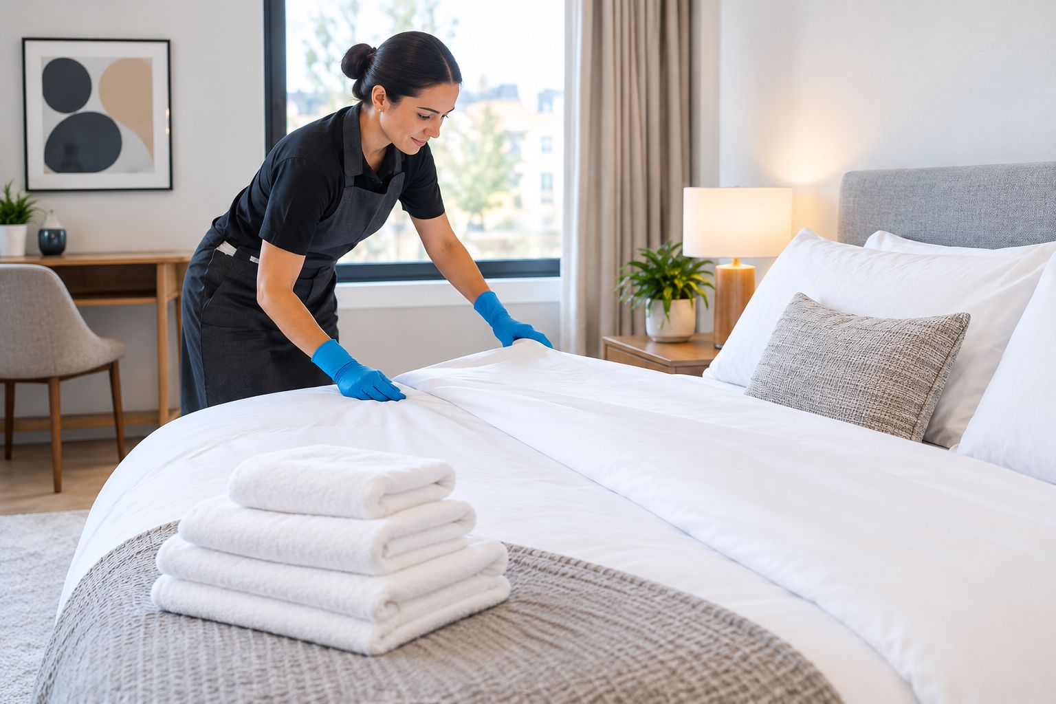 Cleaner making up a bed with fresh linen during an Airbnb turnover
