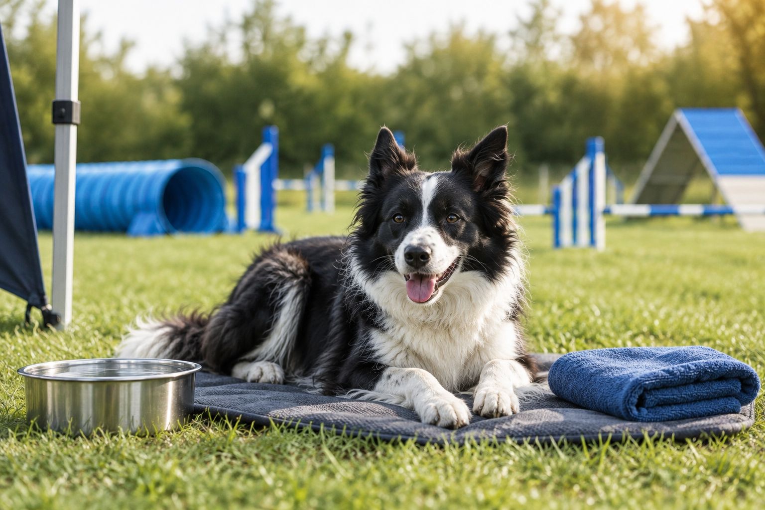 Dog resting on a mat in open shade beside a water bowl and folded towel