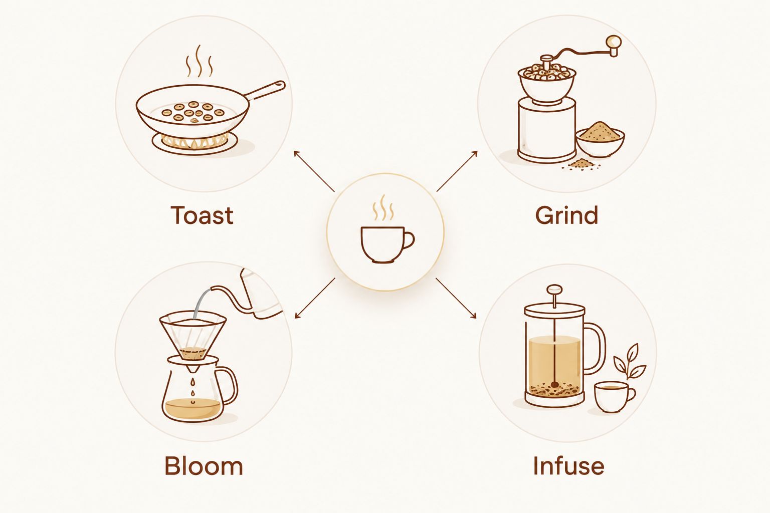 Four whole-spice preparation methods: toast, grind, bloom, and infuse