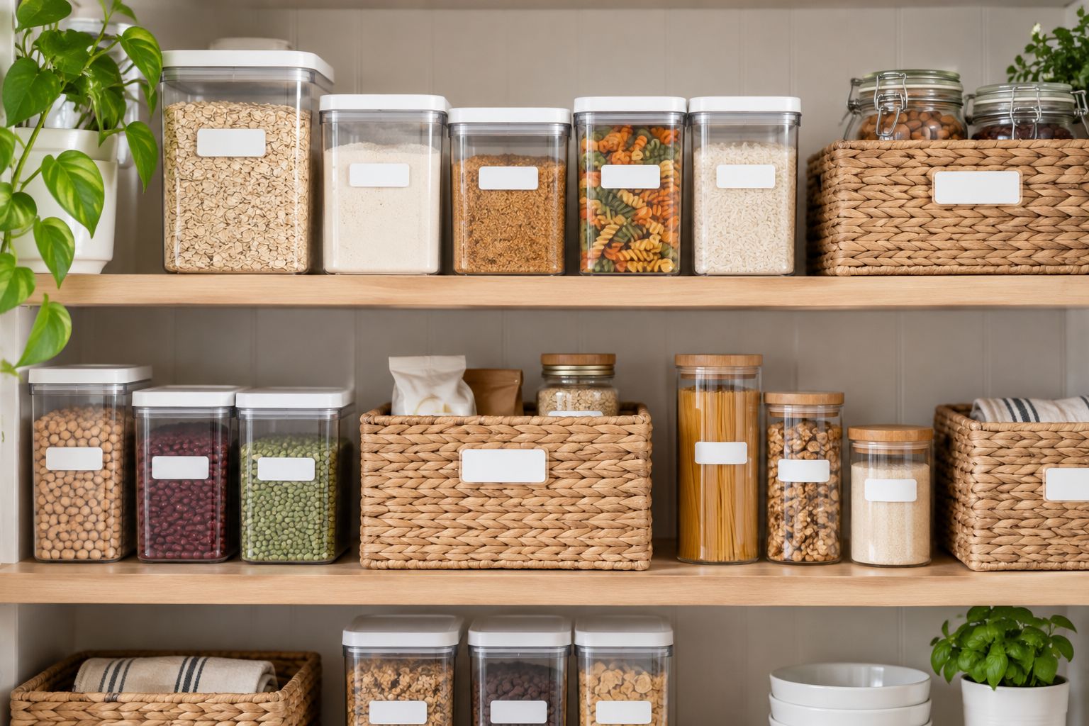 Pantry baskets and containers with blank label holders facing outward on the shelf.