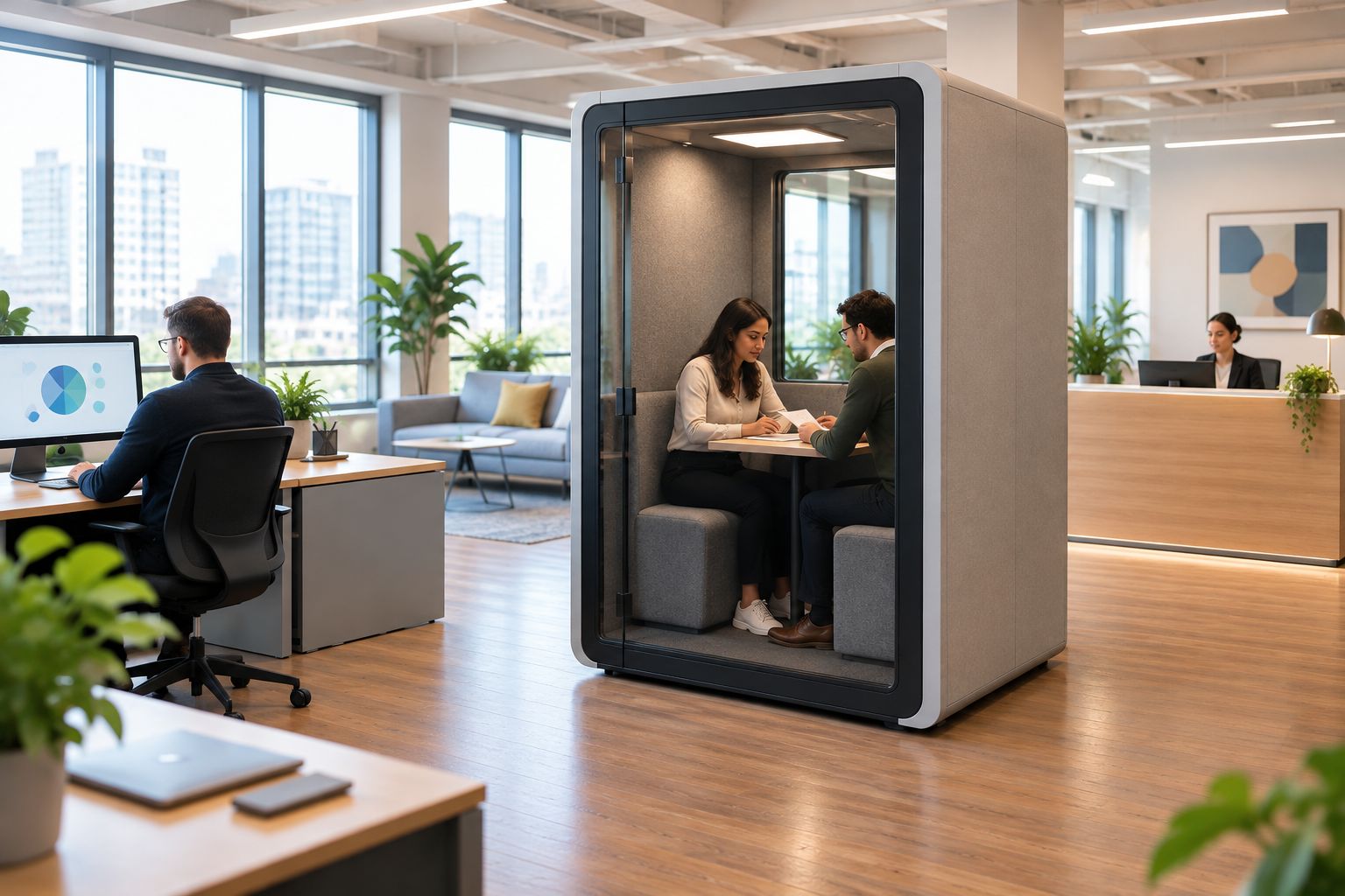 Conceptual office showing a meeting booth, shared desks and a separately staffed reception area