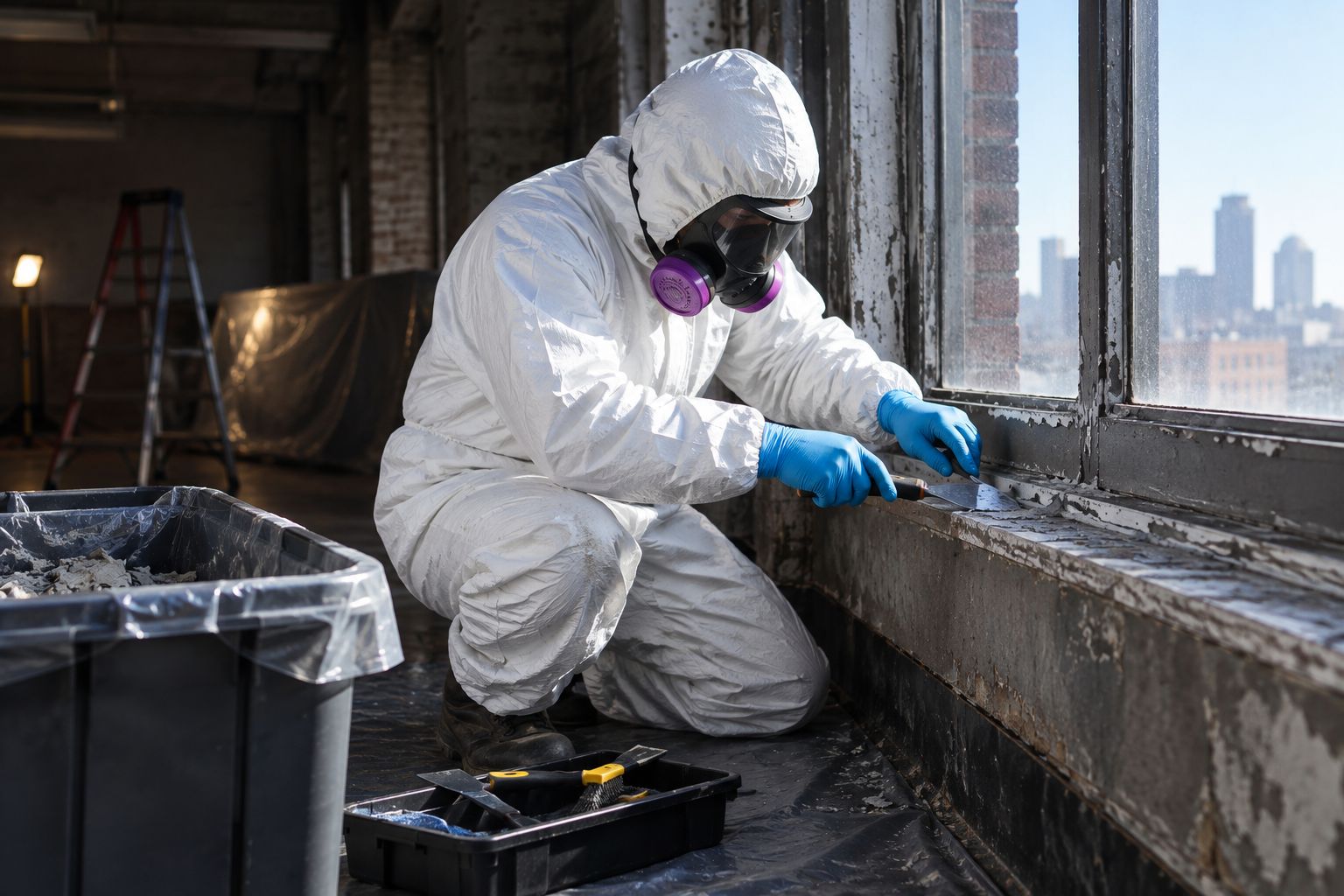 Worker in protective gear removing old caulk from a commercial window frame