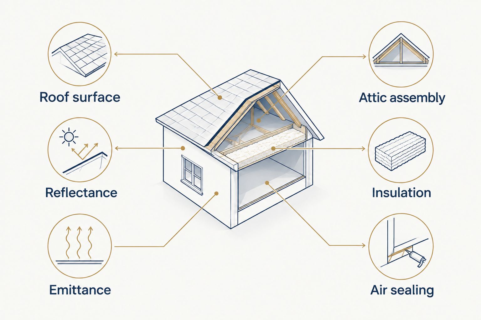 Diagram separating roof-surface properties from attic insulation and air sealing