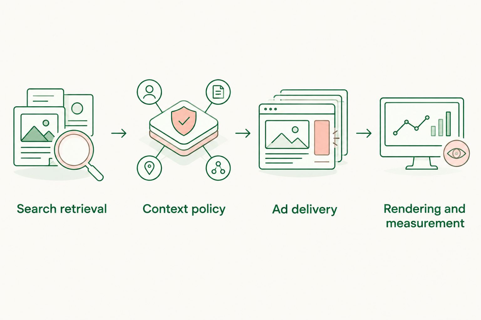 Four application stages from search retrieval through sponsored-content rendering and measurement