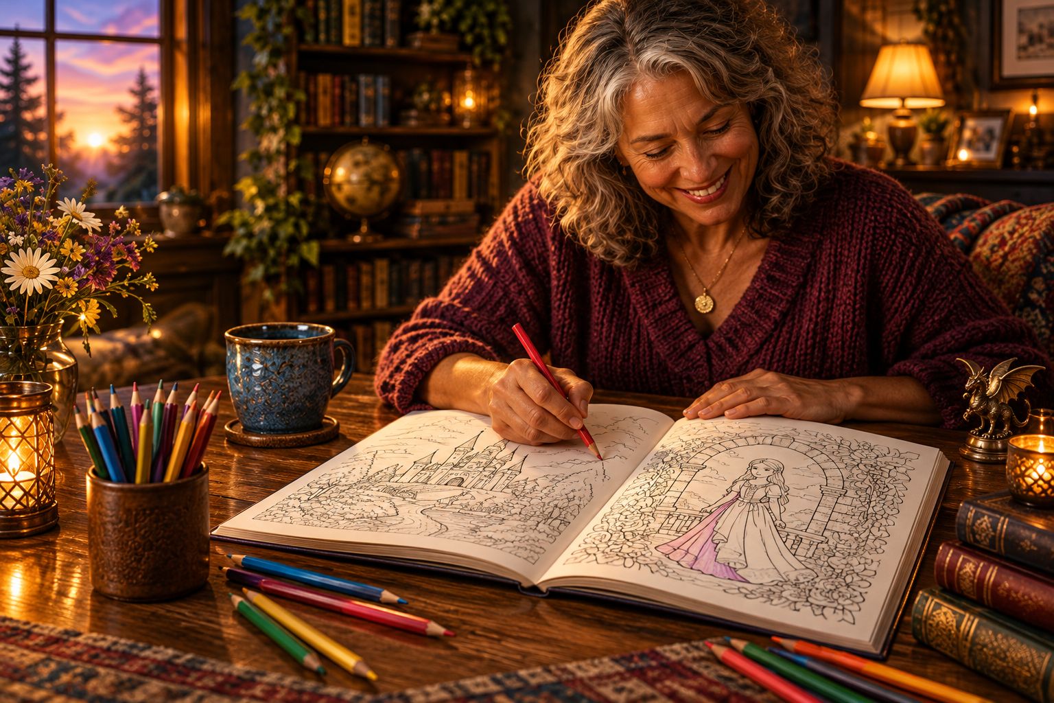 An adult beginning a fairy-tale coloring page with colored pencils at a table