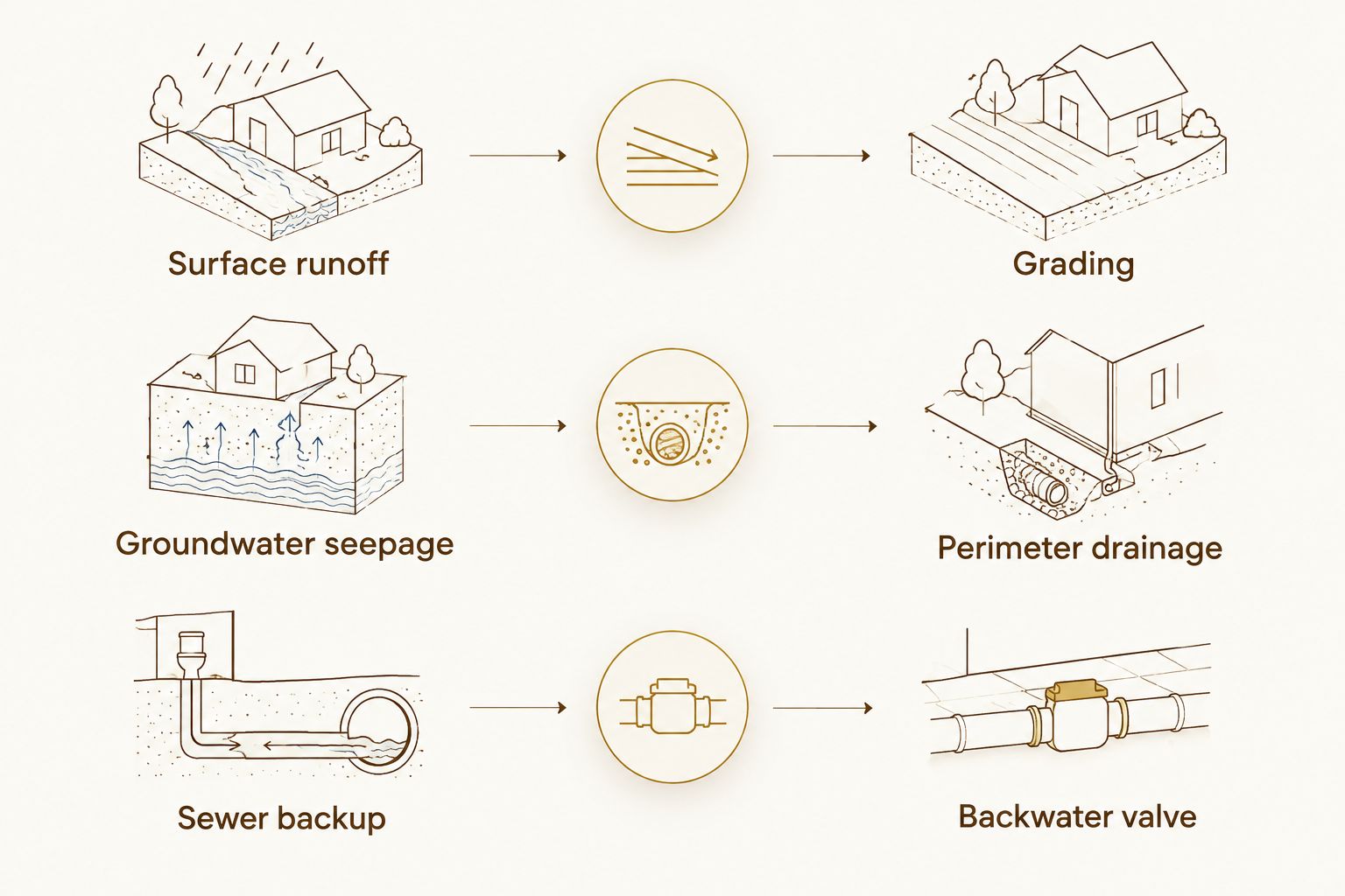 Three water-entry sources paired with grading, perimeter drainage, and a backwater valve