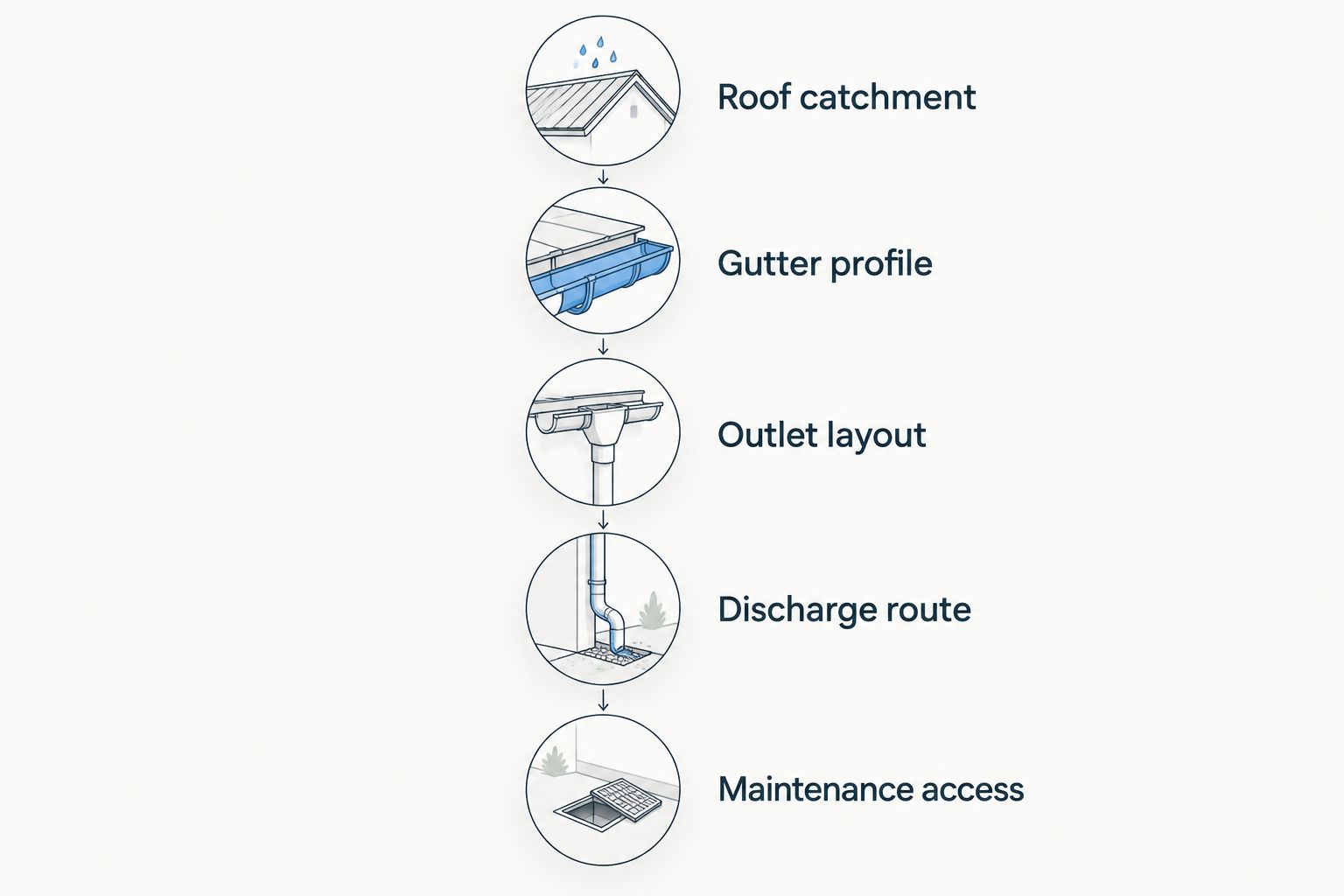 Five specification steps connecting roof catchment with gutter drainage and maintenance