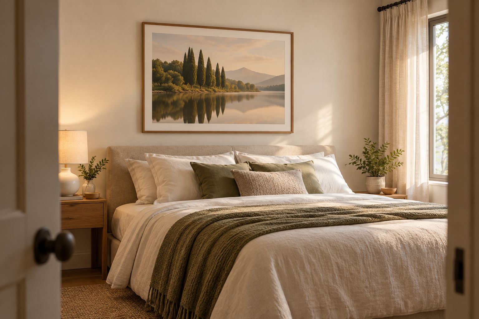 Bedroom with a framed cypress and water-reflection photograph above the bed
