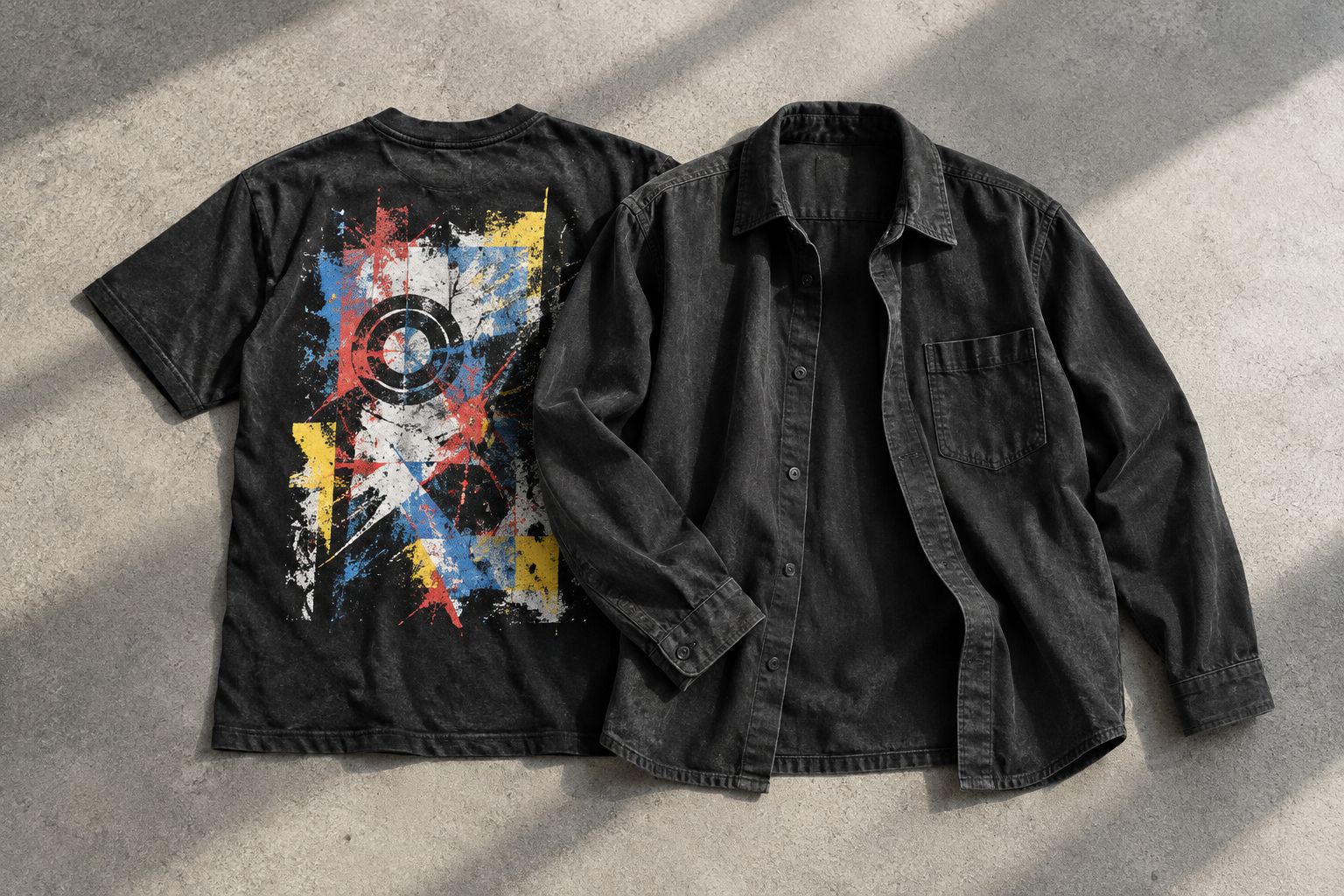 Back-print tee beside an overshirt that would cover its main graphic.
