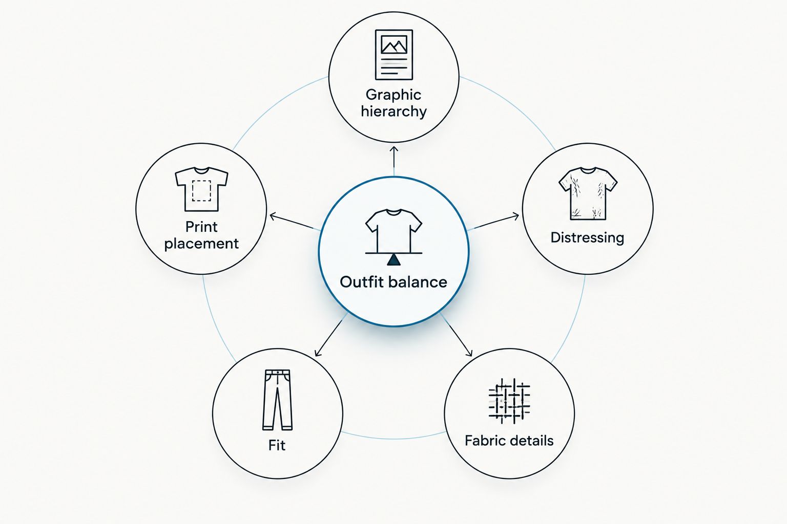 Graphic tee selection criteria connecting artwork, placement, distressing, fit and fabric to outfit balance.