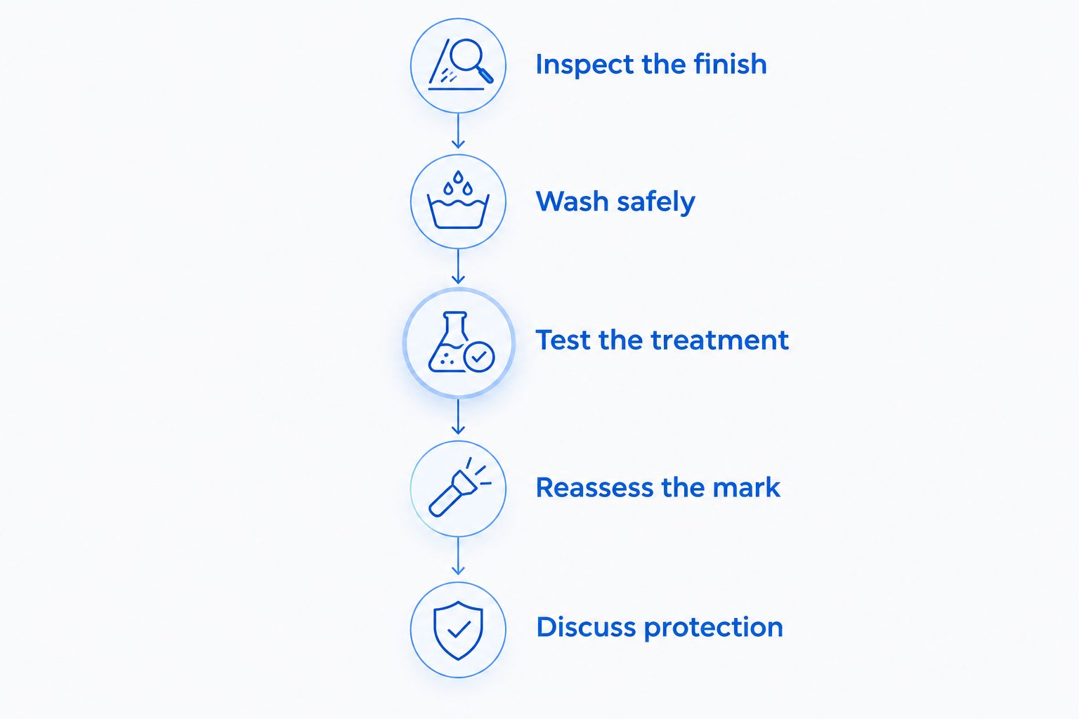 Assessment sequence from inspecting paint through washing, testing, reassessment, and protection