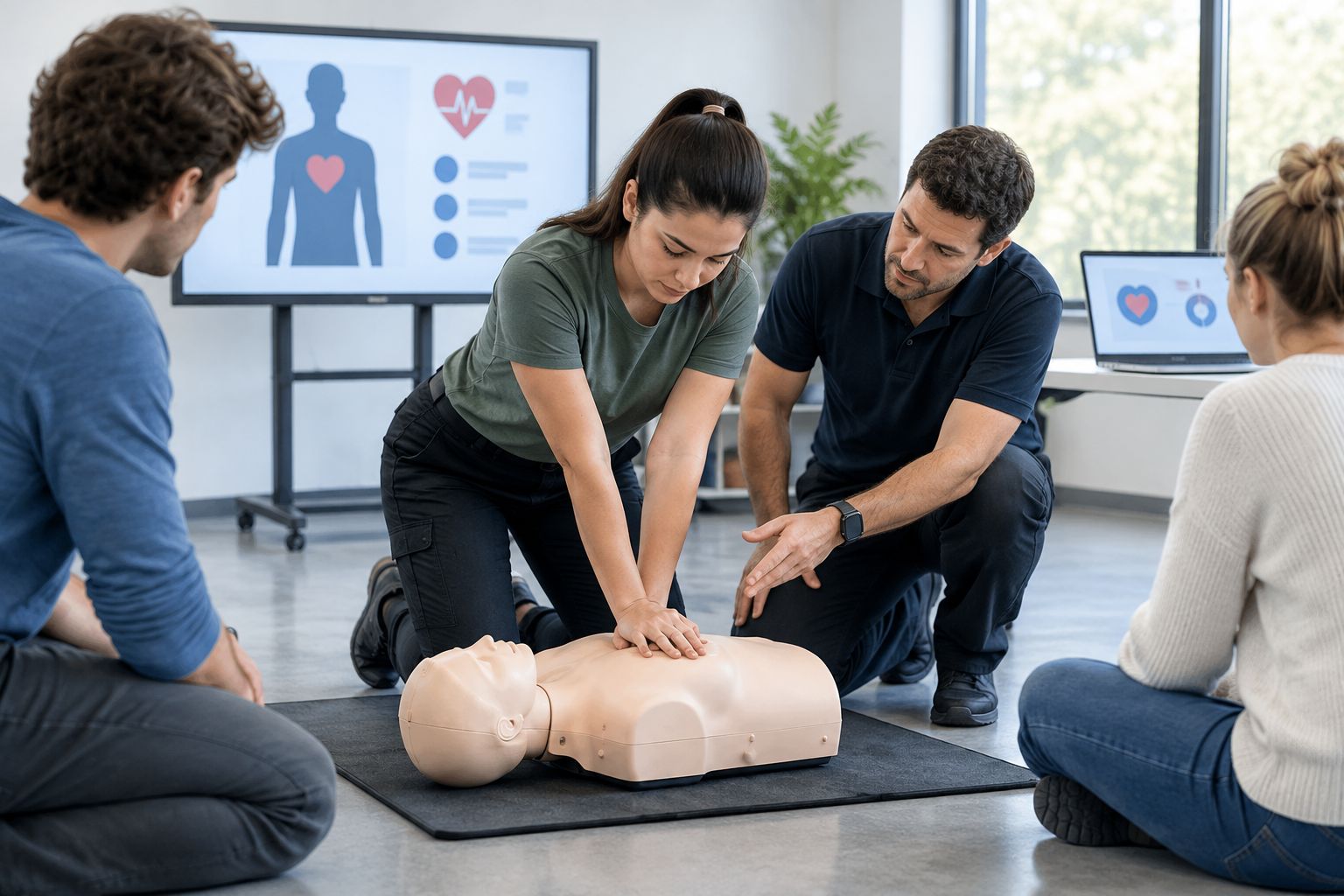 Instructor supervising a hands-on CPR skills check on a training manikin