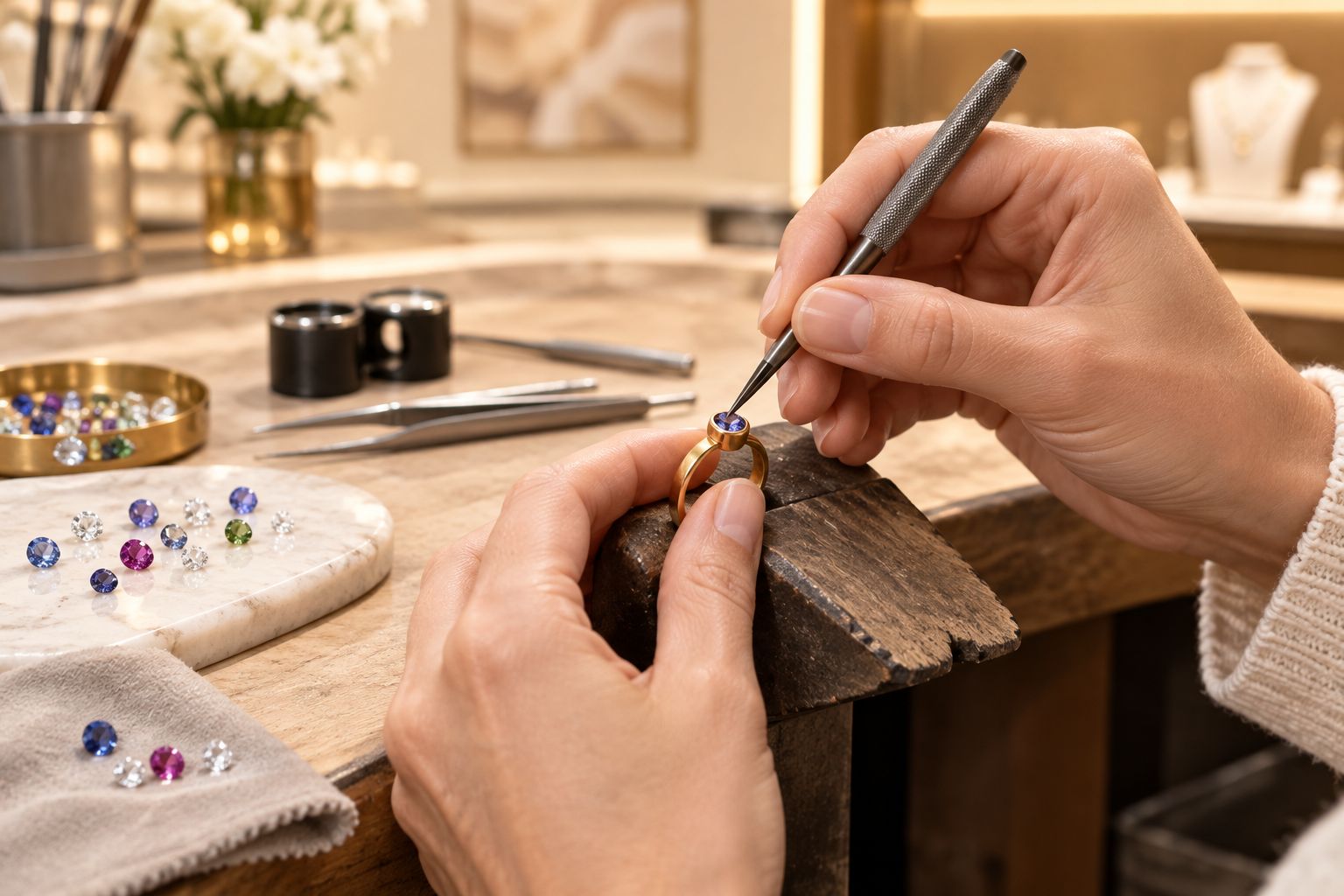 Jeweler hand-setting a gemstone into a gold bezel setting