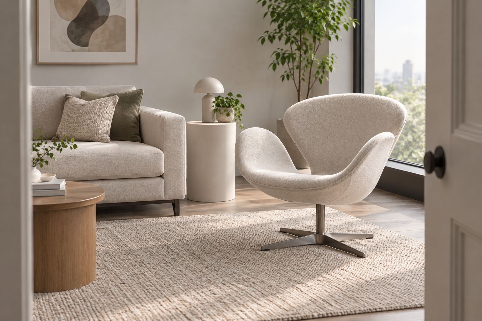 Un fauteuil d’appoint générique placé à côté du mobilier existant d’un salon