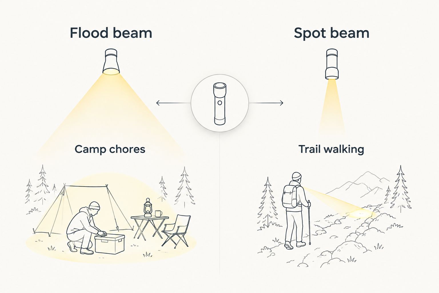 Two columns comparing flood beam for camp chores and spot beam for trail walking