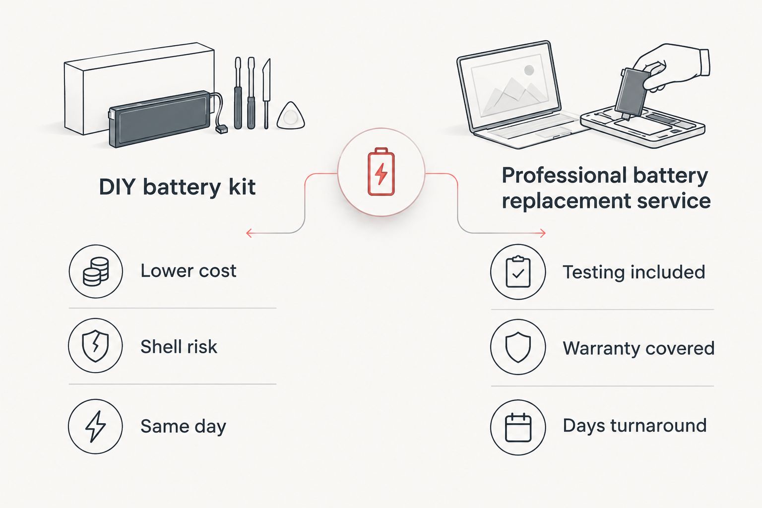 Two column comparison of DIY battery kit versus professional battery replacement service