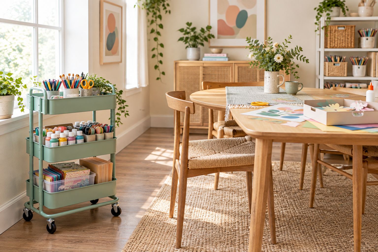 Rolling craft cart beside a shared table with supplies in removable trays