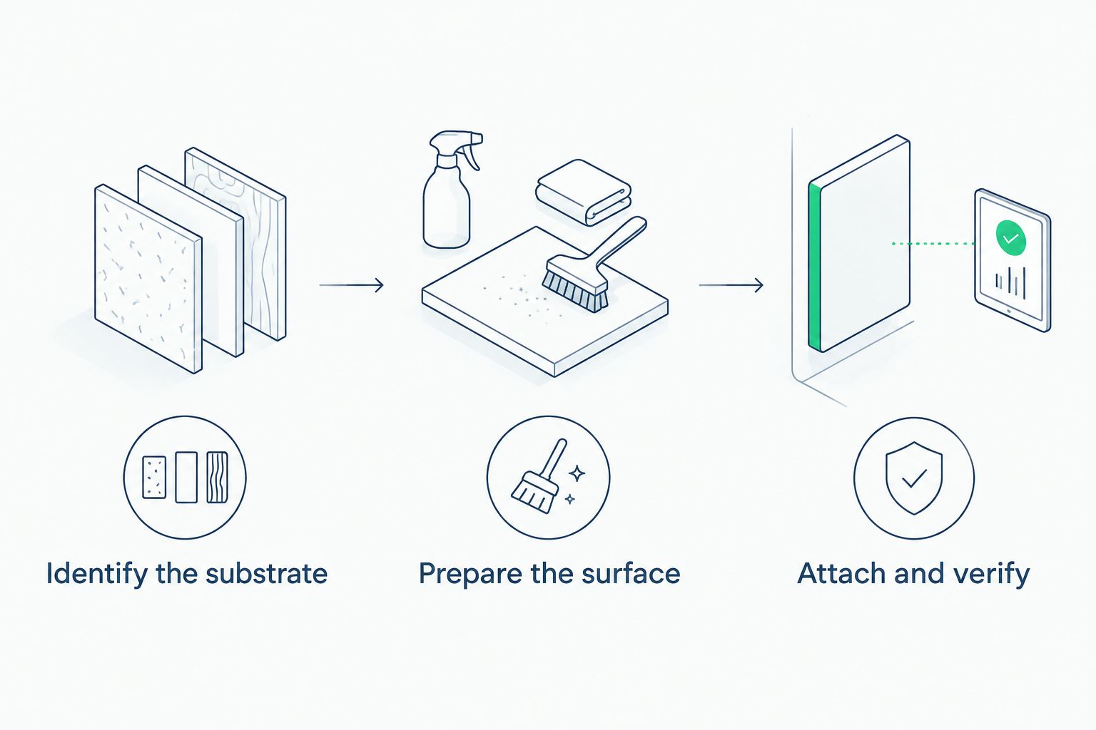 Three stages for adding a compatible adhesive-backed loop panel