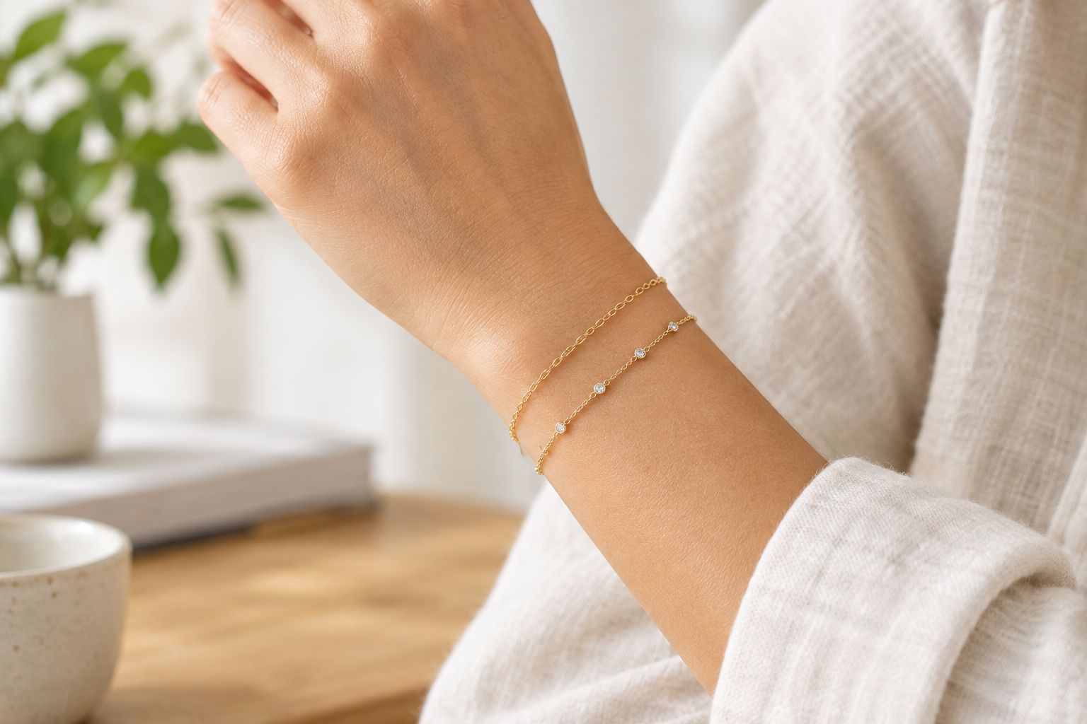 A fine chain and a gemstone-accent bracelet styled together beside a plain sleeve