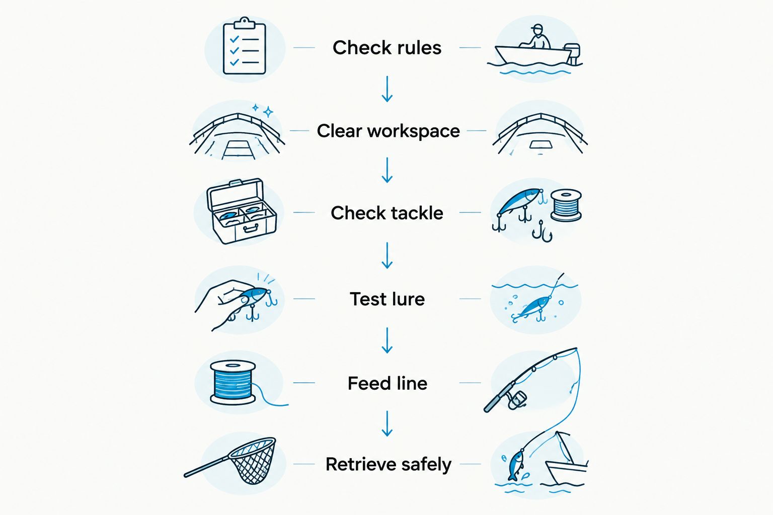 Six steps for preparing, deploying, and retrieving an attended hand reel trolling line