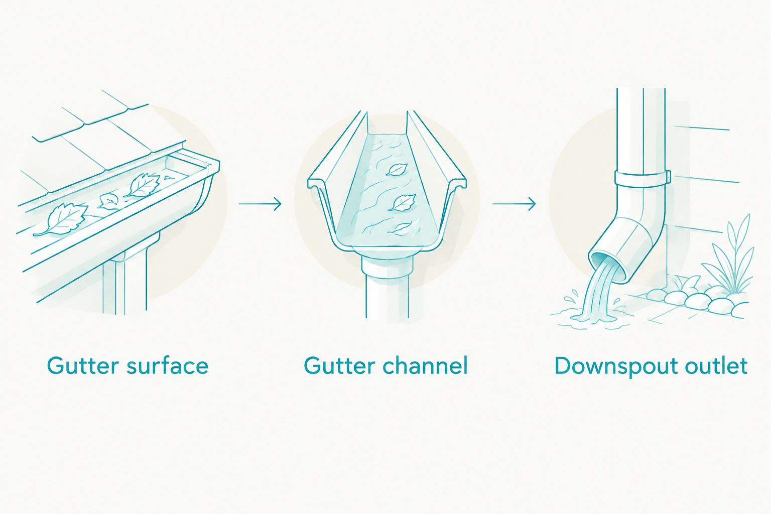 Three inspection points: gutter surface, gutter channel, and downspout outlet