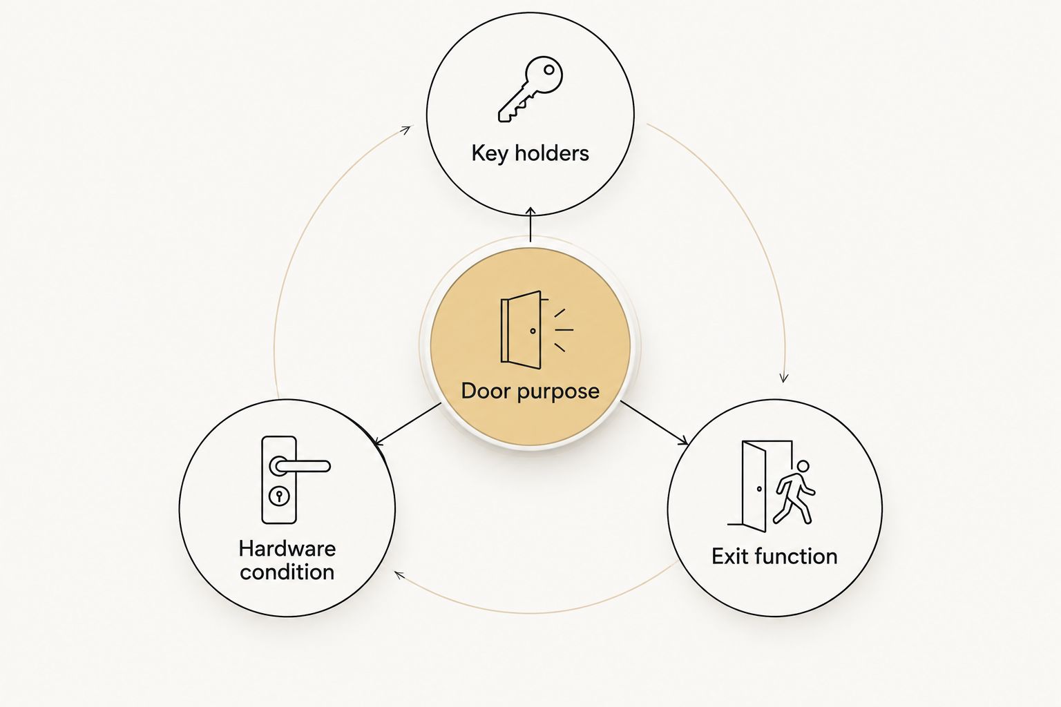 Door assessment showing purpose, key holders, hardware condition, and exit function.
