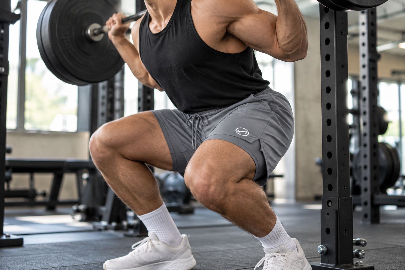 Person wearing liner gym shorts during a squat in the gym
