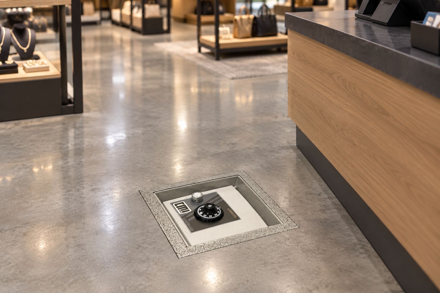In-floor safe recessed flush into a retail shop floor near the checkout counter