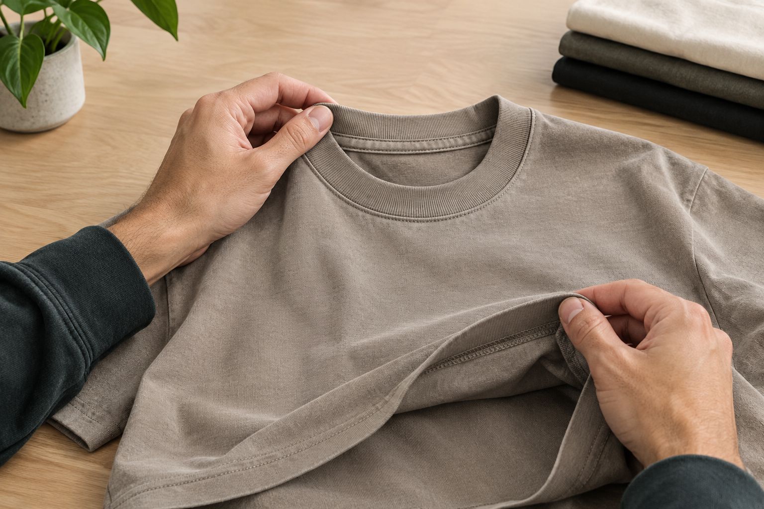 Hands examining the neckline seam and inside hem of an unbranded T-shirt
