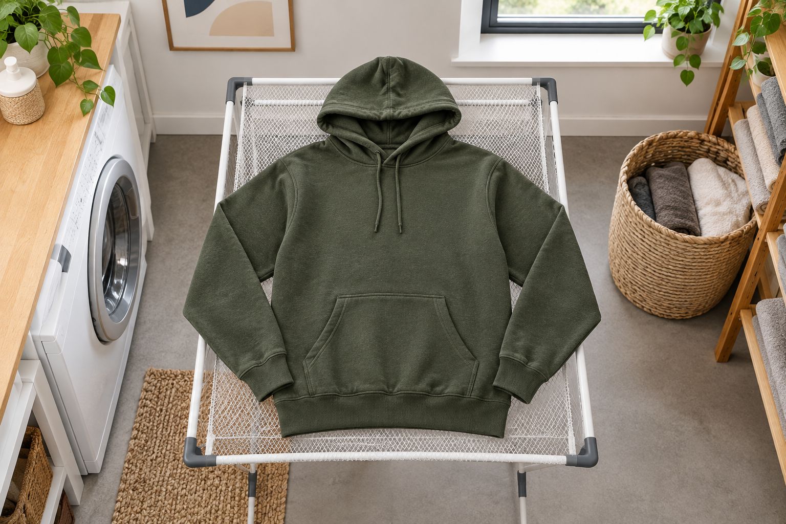 Plain hoodie drying flat with its hood, body, and sleeves supported