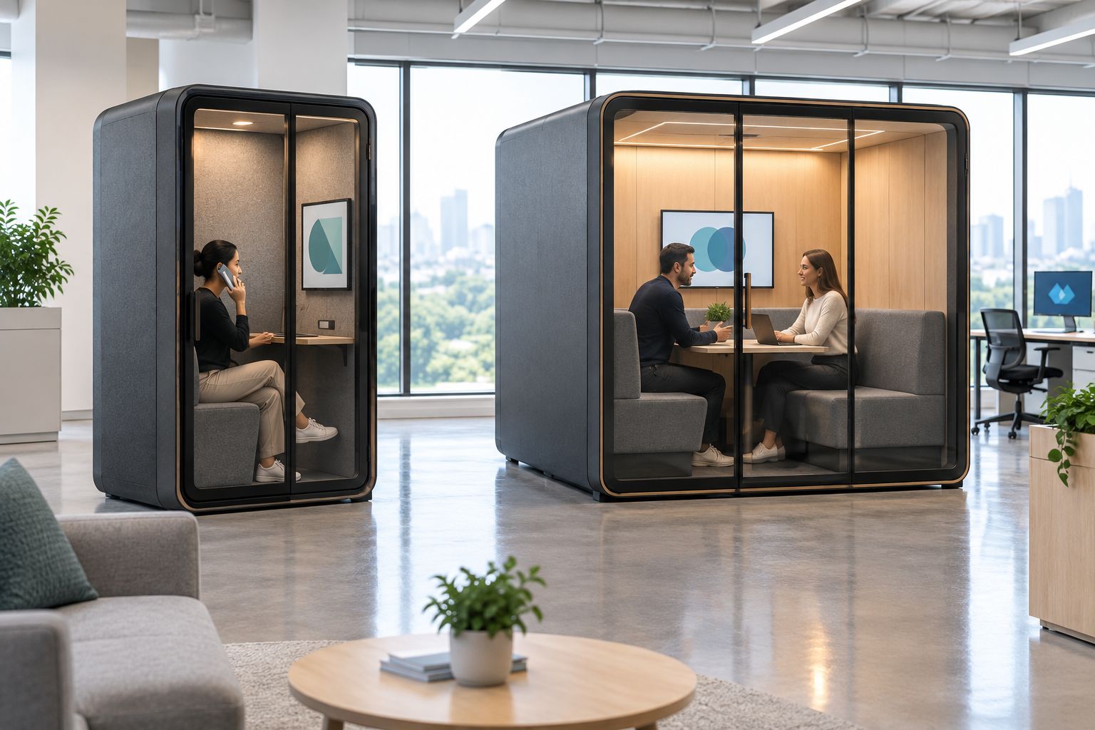 An individual call space beside a separate space for a conversation between colleagues