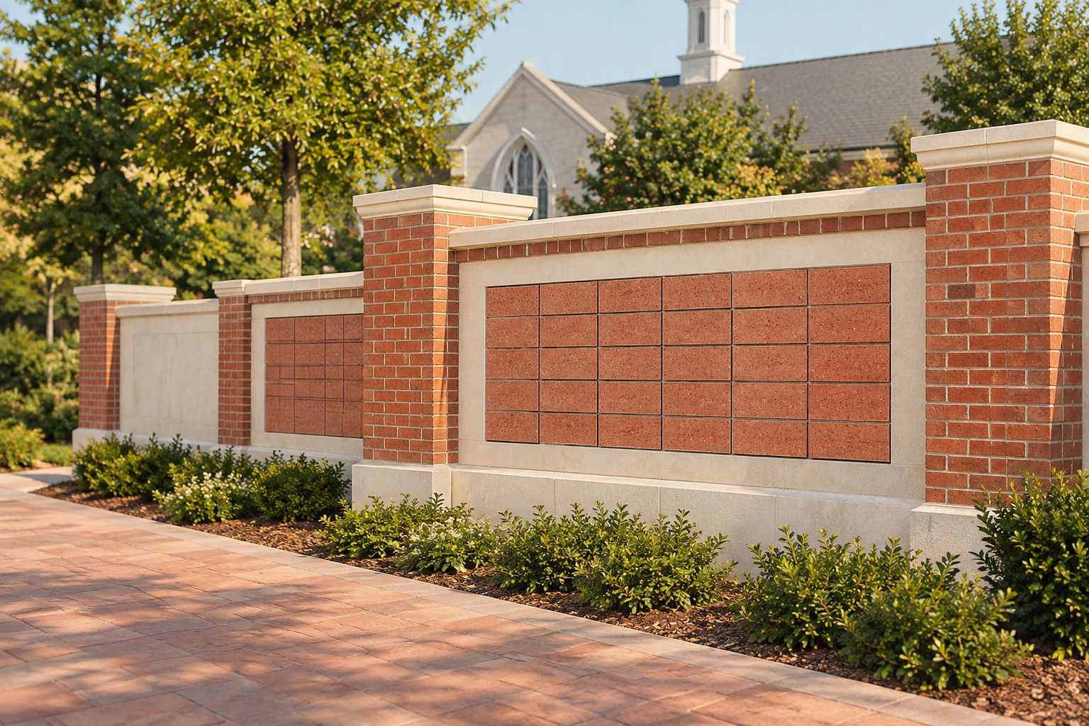 Church courtyard recognition display showing neighboring brick panels and their placement.