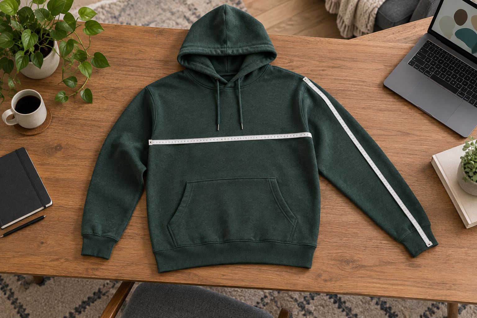A hoodie laid flat with measuring tapes across the chest and along a sleeve