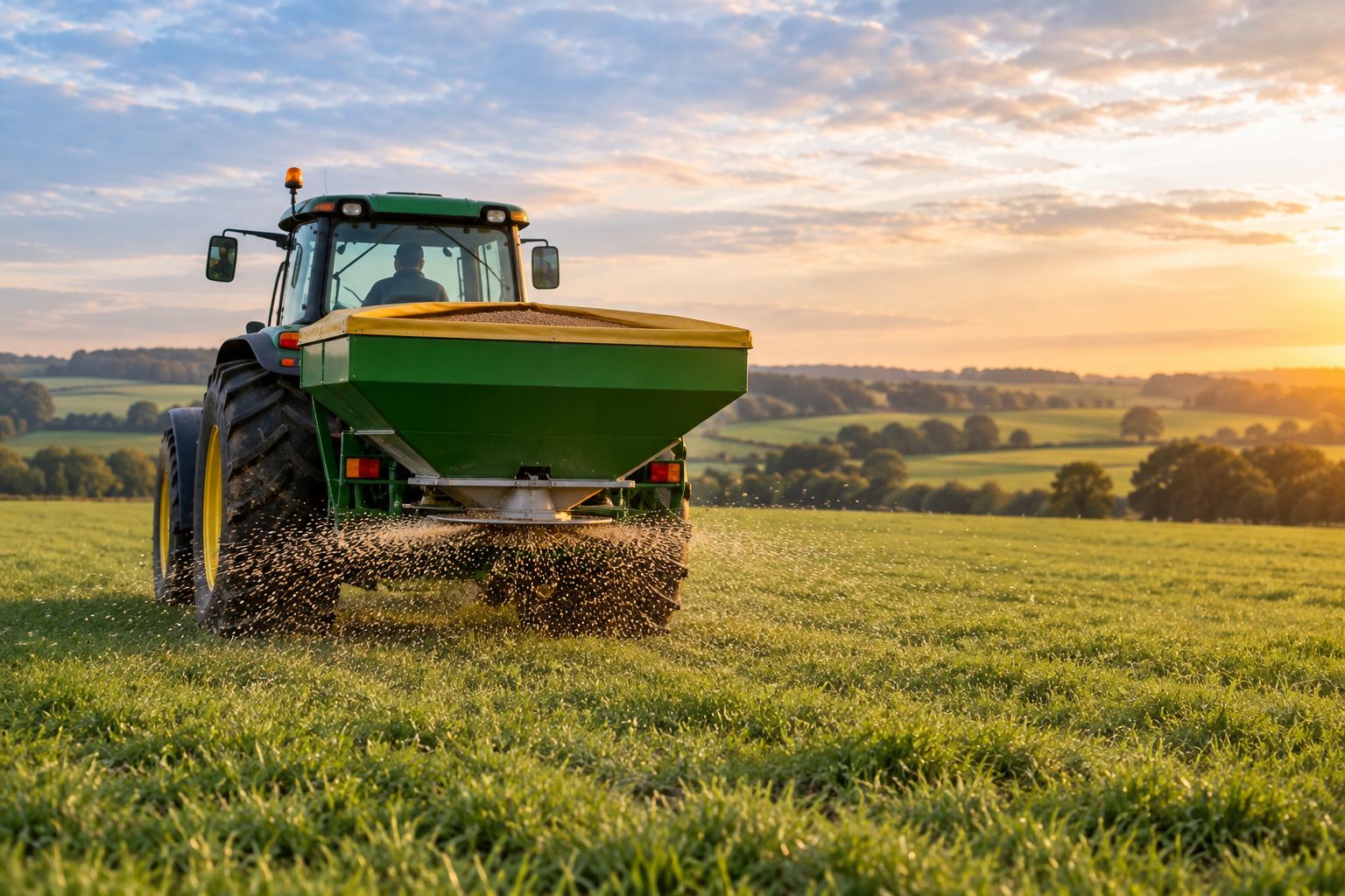 PTO-driven broadcast spreader working a pasture paddock